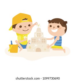Creating a sand castle on the beach.
Illustrations of boys and girls playing in the sand.