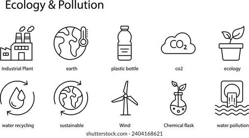 Crear un conjunto de íconos para la ecología y la contaminación implica diseñar símbolos que representen varios conceptos ambientales.