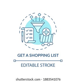 Creating shopping list concept icon. Shopping tip idea thin line illustration. Making grocery lists. Online store. Economical purchases. Vector isolated outline RGB color drawing. Editable stroke