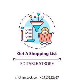 Creating shopping list concept icon. Shopping tip idea thin line illustration. Saving time and money. Online store. Economical purchases. Vector isolated outline RGB color drawing. Editable stroke