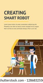 Creating Smart Robot Workshop. Small Boy Standing near Table with Teacher Engineer Studying Interesting Hardware Robotics Invention. Cartoon Vector Character. Electronic Equipment Education.