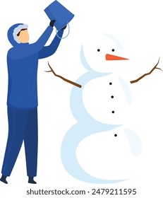 Schneemann junge Mann blaue Mantel Handschuhe erstellen, Schnee Eimer Schneemann Karotte Orange Nase Stick Arme isoliert weißer Hintergrund, Spaß Outdoor-Aktivität junger Mann blaue Hosen Stiefel