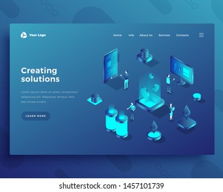 Creating solutions office people characters and interact with computer and smartphone landing page or banner template. 3d isometric vector illustration.