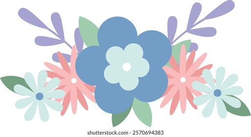 Creating a stunning arrangement of stylized flowers and leaves in soft pastel shades of blue, pink, and green, evoking a cheerful and decorative atmosphere perfect for any celebration