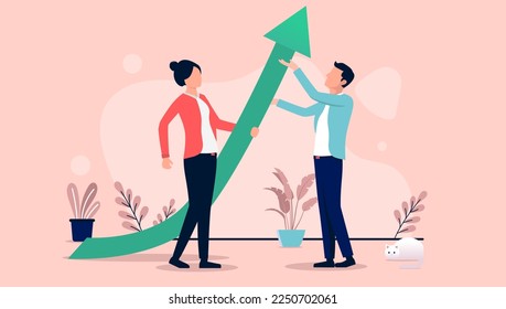 Creating success - Business man and woman lifting green arrow to point upwards. Economic growth and success concept, flat design vector illustration