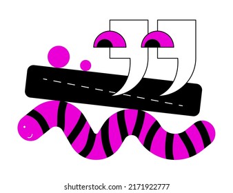 Creating a text heading - colorful flat design style illustration with linear elements. A purple colored composition with funny quotes with human eyes and a striped worm as a story line. Writing idea