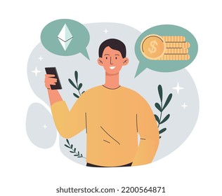 Creando el concepto de tokens. Hombre con smartphone vende productos digitales en Internet. Tecnologías NFT y blockchain. Economía, comercio y minería. Afiche o cartel para el sitio. Dibujo vectorial plano de dibujos animados