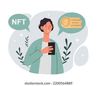 Creating tokens concept. Man with smartphone buys NFT. Financial literacy, economics and investment. Blockchain technology and cryptocurrency, mining and trading. Cartoon flat vector illustration