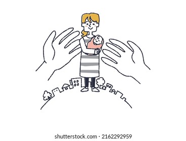 Creating a town that is friendly to housewives raising children Comical handwritten person vector, warm line drawing