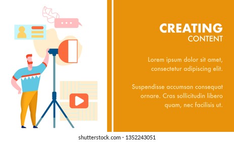 Creating Video Blog Content Vector Banner Template. Man with Soft box Cartoon Character. Professional Photographer. Online Channel Stream Preparation. Blogging Business Illustration with Copyspace