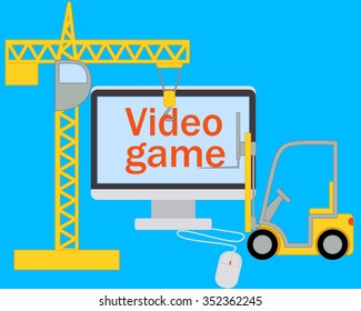 Creating a video game. Building machinery and computer. Vector illustration