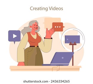 Creating Videos concept. Senior woman engages with digital content creation, showcasing adaptability and enthusiasm for new media. Embracing modern communication.