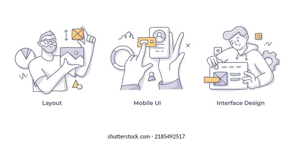 Creating web interface for better user experience. Interface design, mobile UI, layout developing. Set of doodle vector illustrations to visualize business ideas and concepts