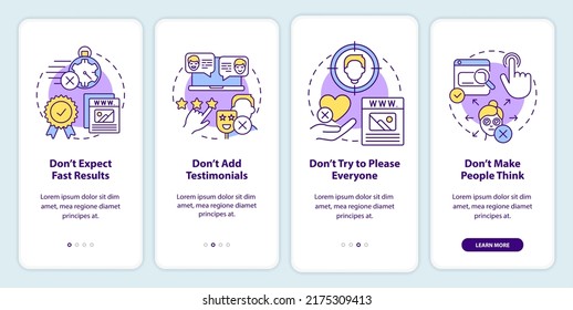 Creating website donts onboarding mobile app screen. Expectations walkthrough 4 steps editable graphic instructions with linear concepts. UI, UX, GUI template. Myriad Pro-Bold, Regular fonts used
