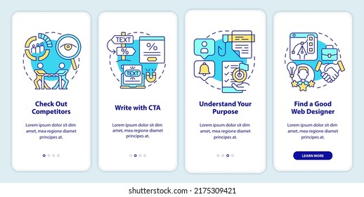 Creating website dos onboarding mobile app screen. Competition walkthrough 4 steps editable graphic instructions with linear concepts. UI, UX, GUI template. Myriad Pro-Bold, Regular fonts used
