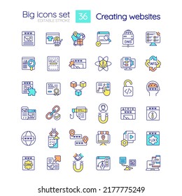 Creating website RGB color icons set. Attract visitors. Coding skill. Web designing. Isolated vector illustrations. Simple filled line drawings collection. Editable stroke. Quicksand-Light font used