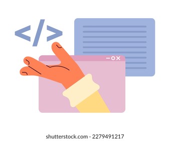 Creating website script flat concept vector spot illustration. Webpages. Editable 2D cartoon objects with hand on white for web design. Technical knowledge creative idea for website, mobile, magazine