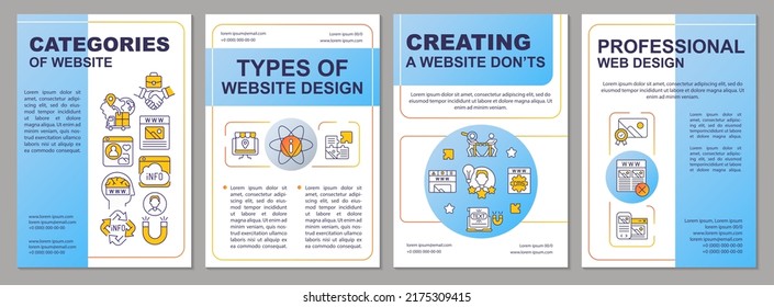 Creating website structure blue brochure template. Web designing. Leaflet design with linear icons. Editable 4 vector layouts for presentation, annual reports. Arial, Myriad Pro-Regular fonts used