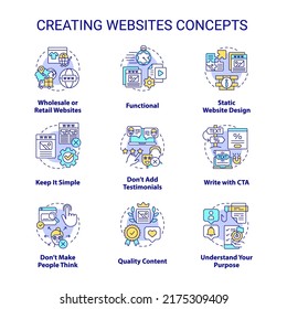 Creating websites concept icons set. Learning web development idea thin line color illustrations. Quality content, design. Isolated symbols. Editable stroke. Roboto-Medium, Myriad Pro-Bold fonts used