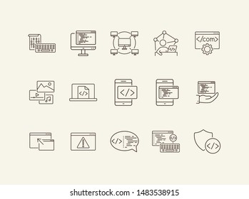 Creating websites icons. Set of line icons. Computer network, firewall, coding. Encryption concept. Vector illustration can be used for topics like internet, encoding