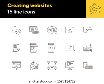 Creating websites icons. Set of line icons. Computer network, firewall, coding. Encryption concept. Vector illustration can be used for topics like internet, encoding