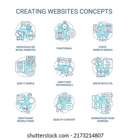 Creating websites turquoise concept icons set. Learn web development idea thin line color illustrations. Write with CTA. Isolated symbols. Editable stroke. Roboto-Medium, Myriad Pro-Bold fonts used