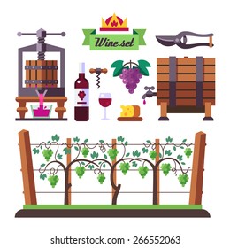 Creating a wine, winemaker tool set and vineyard. Flat vector illustration.