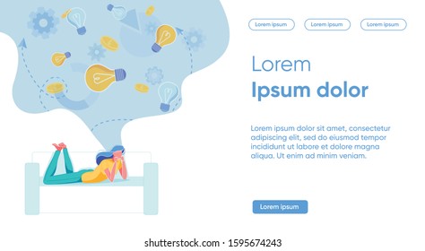 Creating Working Concept to Solve Current Problems. Girl in Casual Clothes Lies on Sofa and Dreams Ideas. Ability to Build Vivid Concepts for Special Cases, Slide. Vector Illustration.