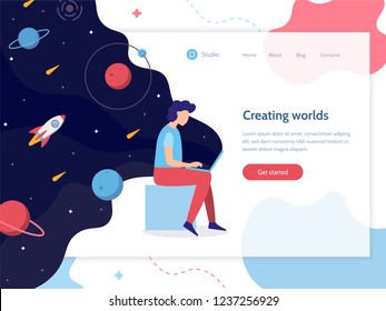 Creating worlds. A man works at a computer from which flows space. Web banner design template. Web development. Flat vector illustration.