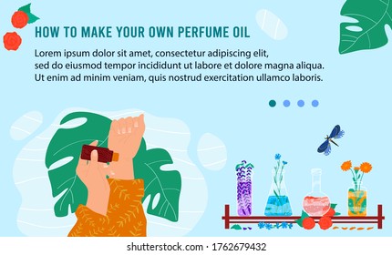 Creating your own perfume vector illustration. Cartoon flat woman's hands holding perfume bottle with floral natural oil scent, scented flowers and herbs in vases, to create home beauty products. design
