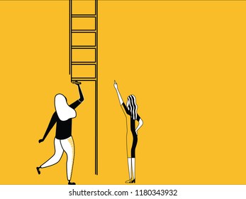 Creating your own success path 
Woman creating and painting the ladder to make her achievement path
