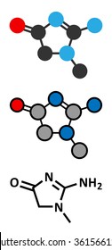Creatinine molecule. Creatine breakdown product. Creatinine clearance is used to measure kidney function. Stylized 2D renderings and conventional skeletal formula. 