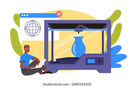 Creation of 3D object. Man near 3D printer for creating items. Modern technologies and innovations. Male engineer or developer. Cartoon flat vector illustration isolated on white background