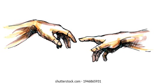 The Creation Of Adam By God. Hands. Fingers. A Touch Of God. A Fragment Of A Fresco By Michelangelo Buonarroti