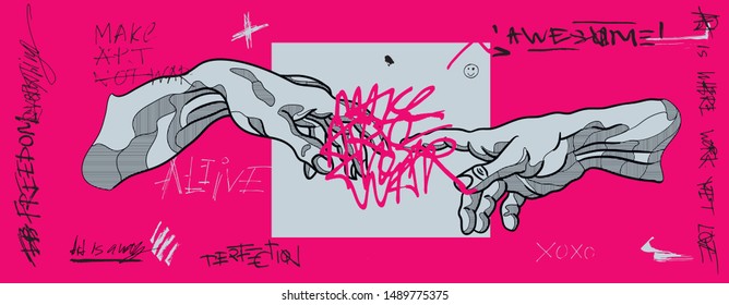 The Creation Of Adam By Michelangelo. Crazy Pink Calligraphy. Vector Hand Drawn Illustration.