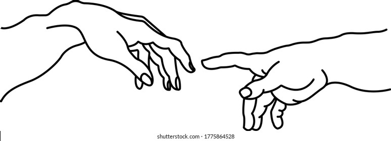 The Creation of Adam by Michelangelo. Touching fingers. Art. Black and white. White background. Line drawing.