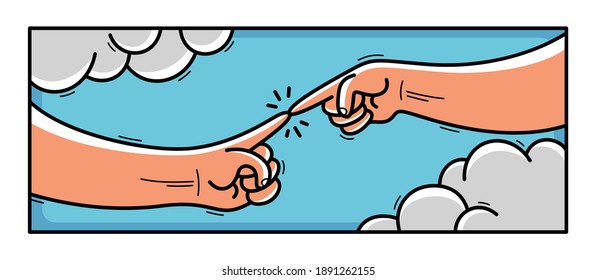 Creation of Adam cartoon style humorous illustration classical Michelangelo drawing made as funny vector drawing.