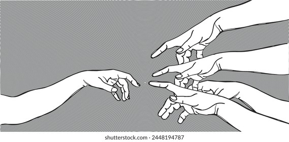 The creation of Adam concept inspiration, as a graphic design paint brush work. Vector Illustration vintage style design. Hands reaching out for touch in line drawing.