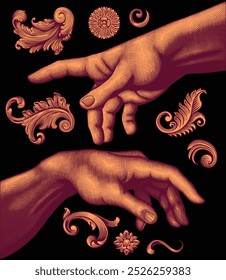 Creation of Adam. Design set. Editable hand drawn illustration. Vector vintage engraving. Isolated on black background. 8 EPS