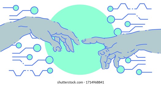 The creation of Adam in futuristic style with circuit elements. Two hands goind to touch together, sybolism of connection, cyberfuture and robots.