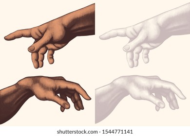 Creation of Adam. Hands. Design set. Hand drawn engraving. Editable vector vintage illustration. Isolated on light background. 8 EPS 