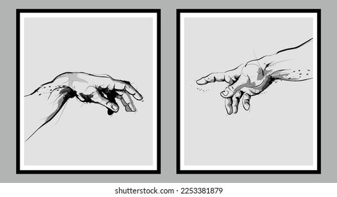 Creation of adam Michelangelo vector hands.  Set of2 abstract creative minimalist hand painted illustrations for wall decoration, postcard or brochure design. Vector EPS10. Black, dark, ink 