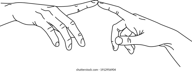 The Creation of Adam in simple minimalistic line art style. Vector Illustration of hands. Lineart in a trendy minimalist style. Fingertip touch  