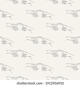The Creation of Adam in simple minimalistic line art style. Vector seamless pattern with hands. Lineart in a trendy minimalist style. Fingertip touch pattern