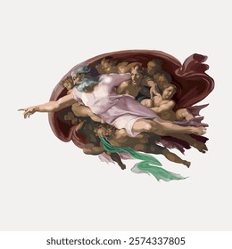 Creation of Adam sticker by Michelangelo Buonarroti. Vintage Michelangelo Buonarroti style art drawing, isolated vector element. God and his creation drawing, isolated element.