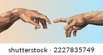 The Creation of Adam. Two hands going to touch together. The fragment of the Sistine chapel masterpiece. From classic to modern art. Creative low poly style, vector illustration.