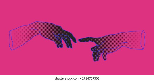 The Creation of Adam. Vector hand drawn illustration from a section of Michelangelo's fresco Sistine Chapel ceiling in neon pink and blue vaporwave style.