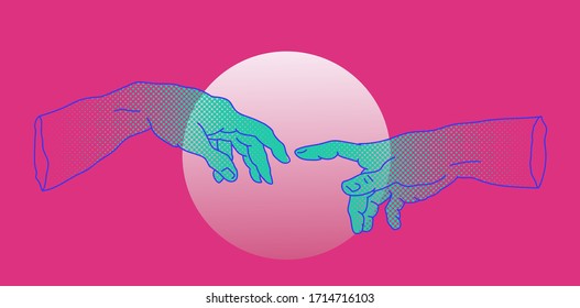 The Creation of Adam. Vector hand drawn illustration from a section of Michelangelo's fresco Sistine Chapel ceiling in neon pink vapor wave style. Fashion print for t-shirt or cover.
