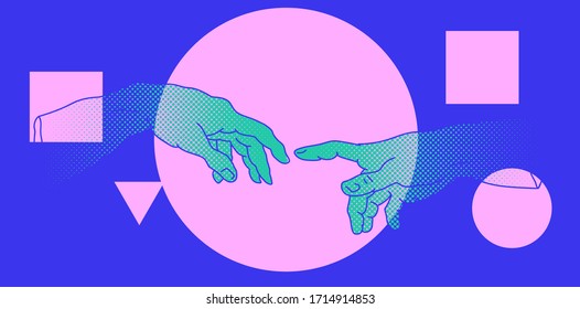 The Creation of Adam. Vector hand drawn illustration from a section of Michelangelo's fresco Sistine Chapel ceiling in neon pink vaporwave style. Fashion print for t-shirt or cover.