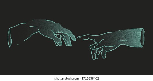 The Creation of Adam. Vector hand drawn dotwork illustration from a section of Michelangelo's fresco Sistine Chapel ceiling. Hands made of particles.